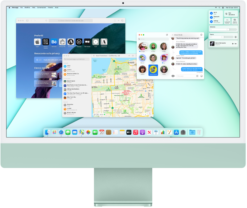 Scrivania di iMac che mostra Centro di Controllo e varie app aperte.