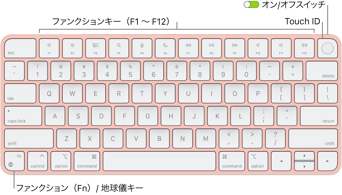 Touch ID付きMagic Keyboard。1列に並んだファンクションキー、上部にTouch ID、左下隅にファンクション（Fn）/地球儀キーが示されています。