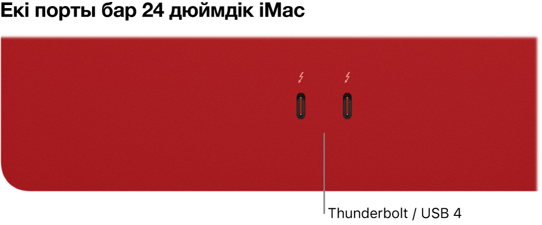 Екі Thunderbolt / USB 4 портын көрсетіп тұрған iMac.