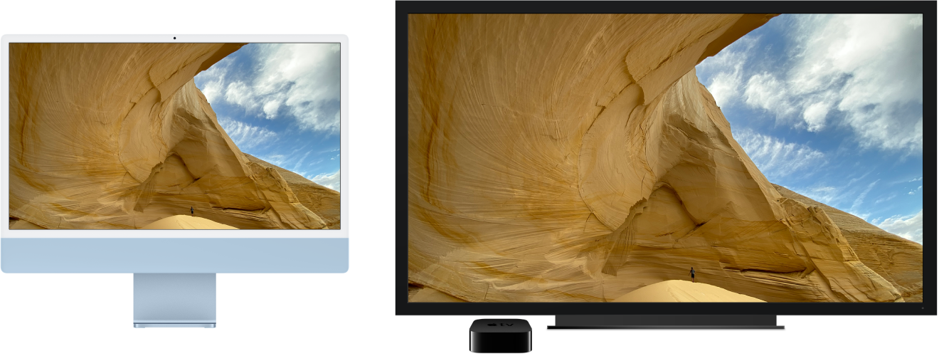 Apple TV를 사용하여 대형 HDTV에 콘텐츠가 미러링되어 있는 iMac.