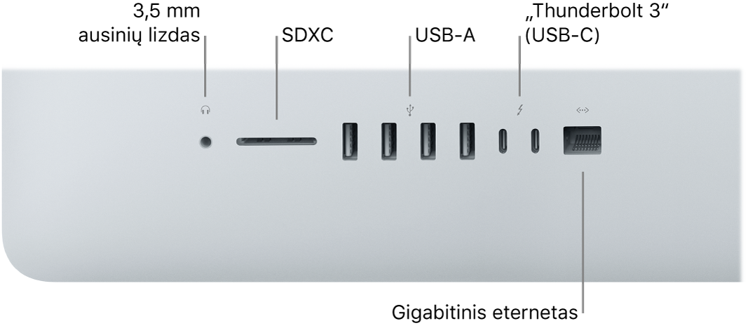 „iMac“: matosi 3,5 mm ausinių lizdas, SDXC lizdas, USB-A prievadai, „Thunderbolt 3“ (USB-C) prievadai ir gigabitinis eterneto prievadas.