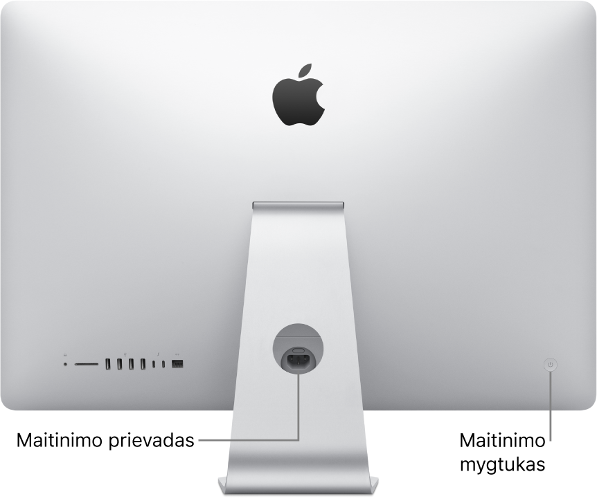 Galinė „iMac“ pusė, matosi maitinimo laidas ir maitinimo mygtukas.