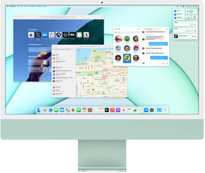 „iMac“ darbalaukis, kuriame rodomi „Control Center“ ir kelios atidarytos programos.