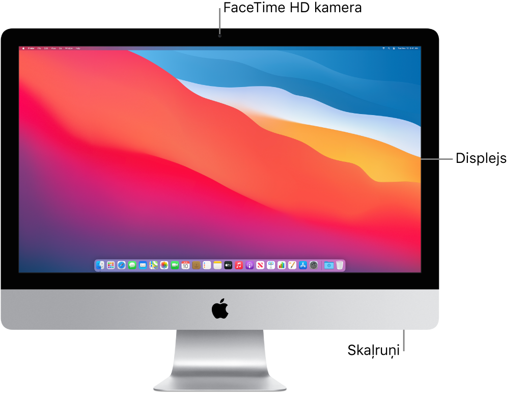 Skats uz iMac datoru no priekšpuses; redzams displejs, kamera un skaļruņi.