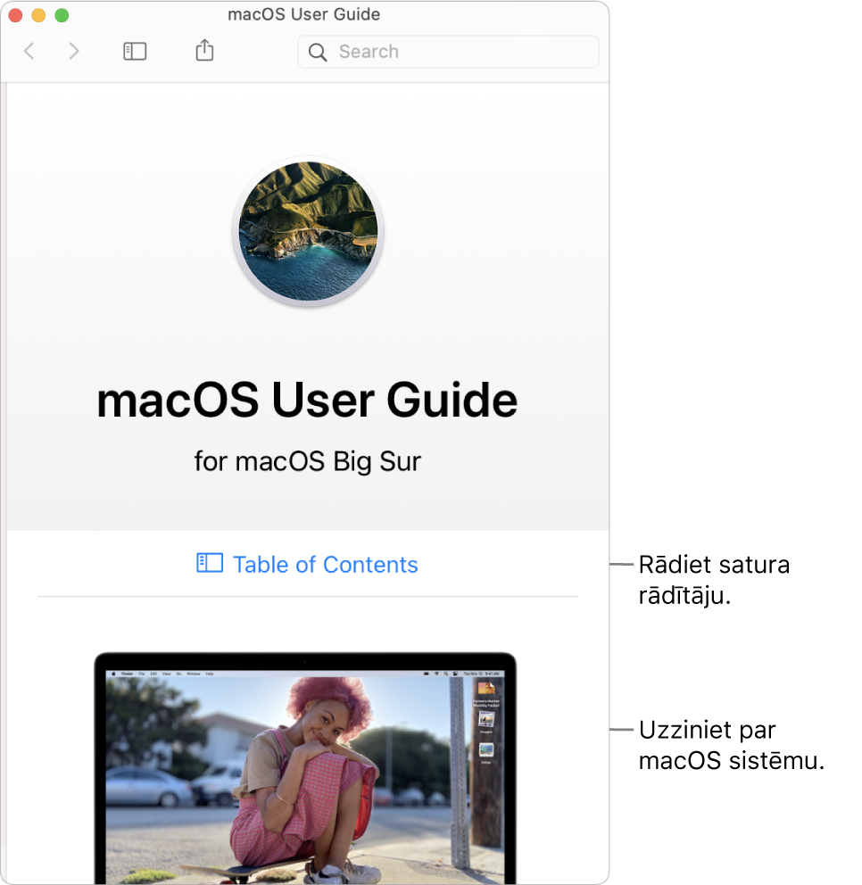 macOS lietošanas pamācības sākuma lapa ar saiti uz satura rādītāju.