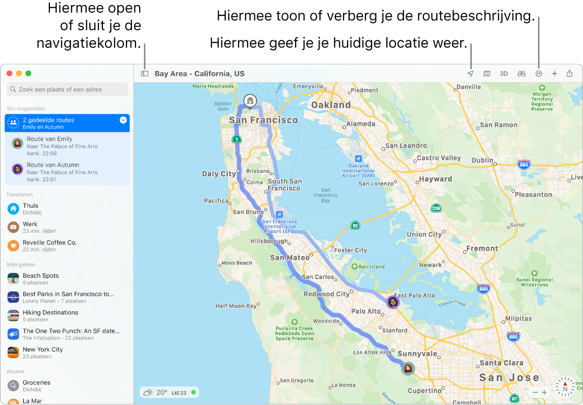 Een Kaarten-venster waarin te zien is hoe je een routebeschrijving opvraagt door op een bestemming in de navigatiekolom te klikken, hoe je de navigatiekolom opent of sluit en hoe je je huidige locatie op de kaart vindt.