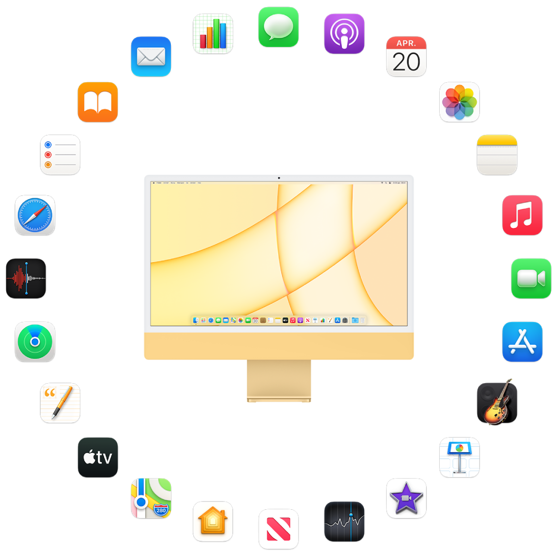 Een iMac omringd door de symbolen voor de apps die standaard worden meegeleverd en die hierna worden beschreven.
