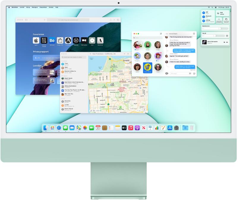 Een iMac met op het bureaublad het bedieningspaneel en diverse geopende apps.