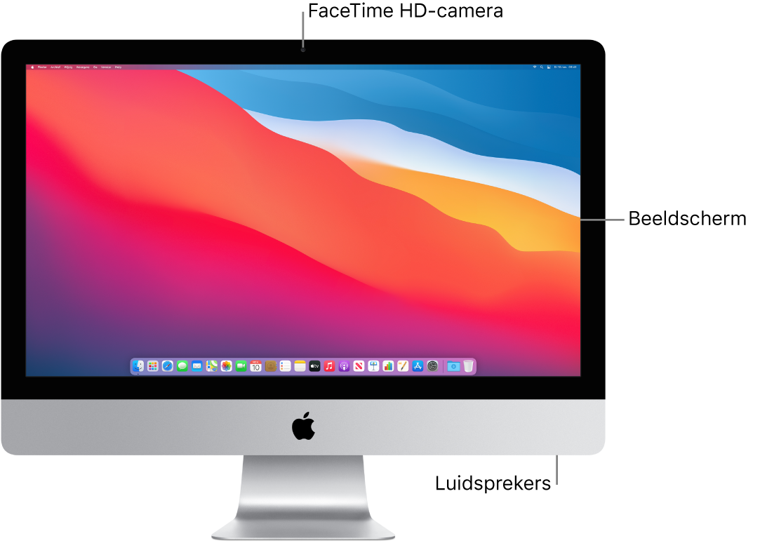 Vooraanzicht van een iMac met het beeldscherm, de camera en luidsprekers.