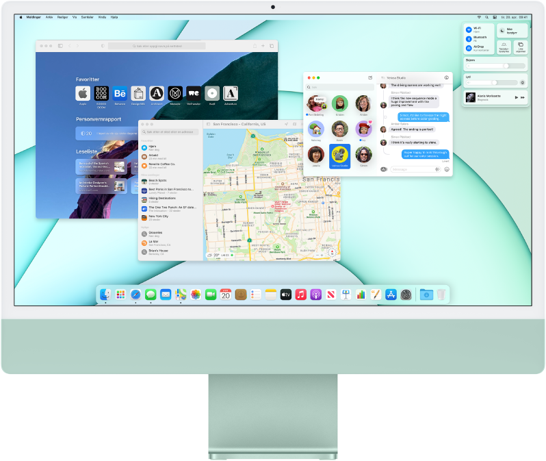 Et iMac-skrivebord med Kontrollsenter og flere åpne programmer.
