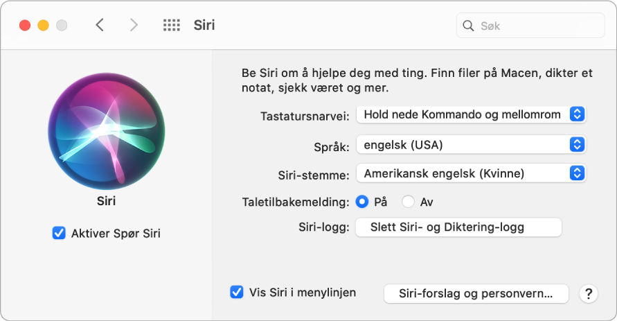 Siri-valg-vinduet med Aktiver Spør Siri markert til venstre og flere valg for tilpassing av Siri til høyre.