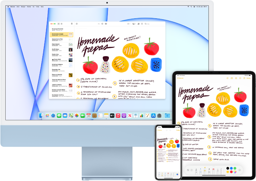 En handleliste i Notater-programmet vises på iMac, iPhone og iPad.