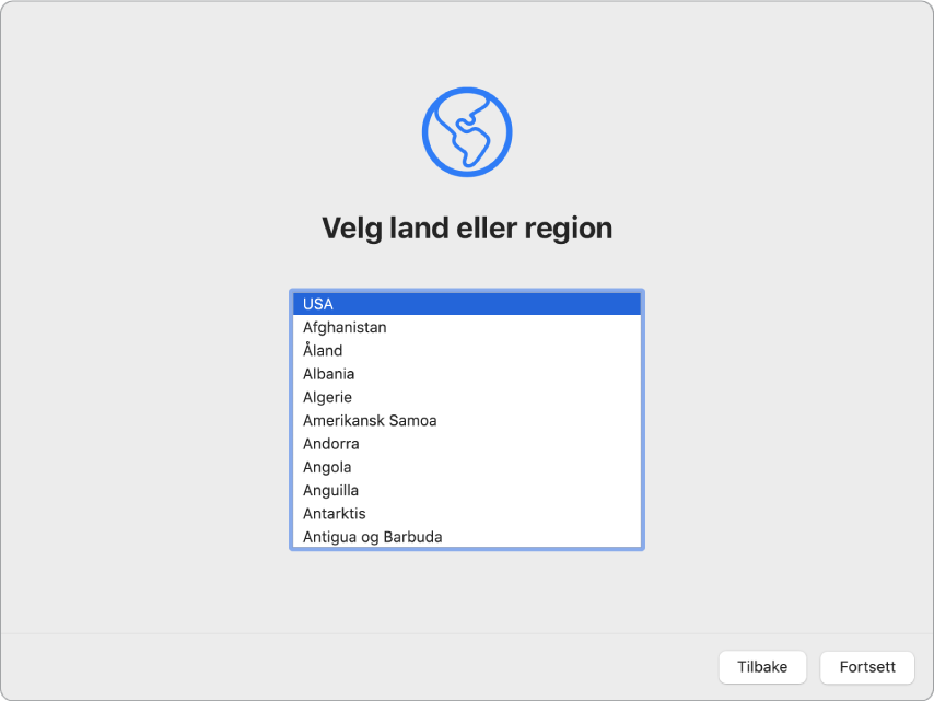 En Mac-skjerm med Oppsettassistent åpen på Velkommen-skjermen.