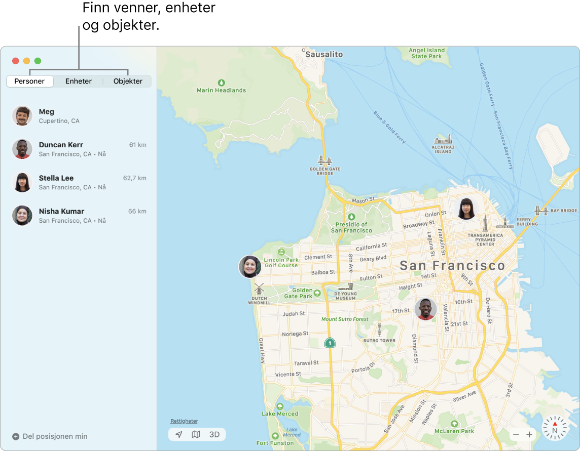 Personer-fanen markert til venstre og et kart over San Francisco med posisjonen til tre venner til høyre.