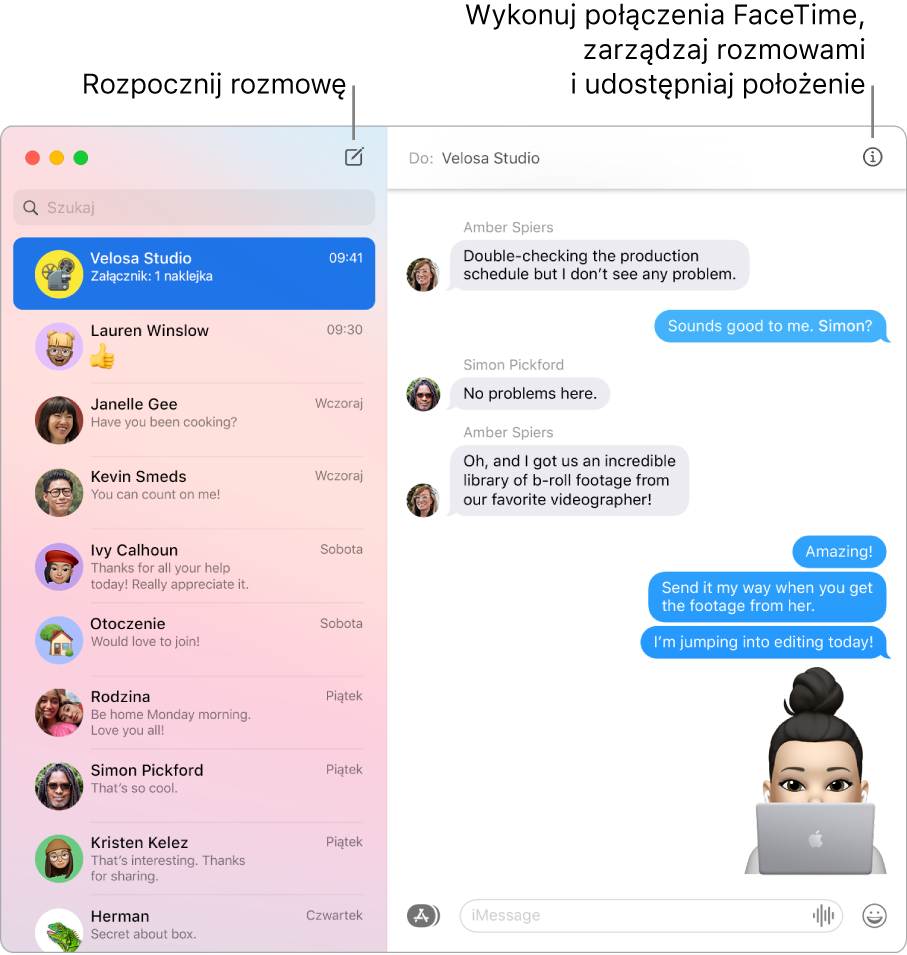 Okno aplikacji Wiadomości z opisami przycisków rozpoczynania rozmowy oraz połączenia FaceTime.