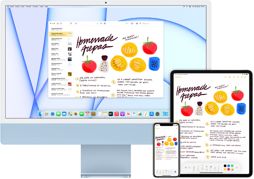 Uma lista de compras no app Notas mostrada no iMac, iPhone e iPad.