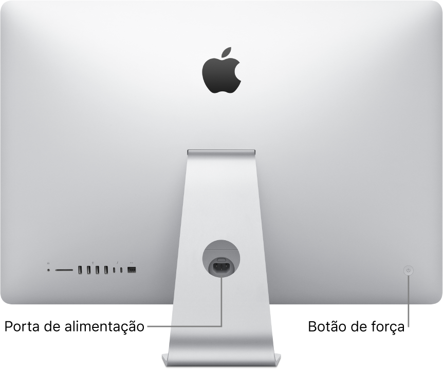 Visualização da parte traseira do iMac mostrando o cabo de alimentação e o botão de força.