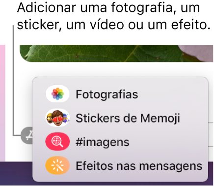 O menu Aplicações com opções para mostrar fotografias, stickers de Memoji, GIF e efeitos de mensagens.