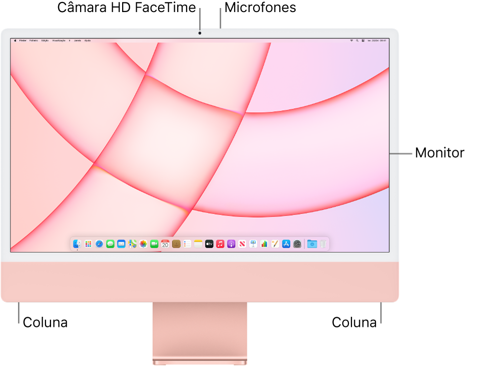 Vista frontal do iMac a mostrar o ecrã, a câmara, os microfones e as colunas.