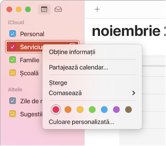 Meniu de scurtături Calendar cu opțiuni pentru personalizarea culorii unui calendar.