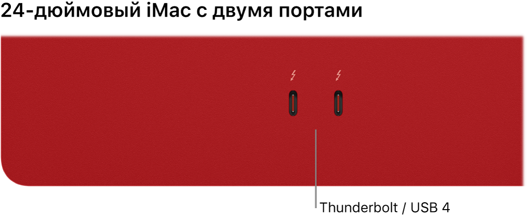 Изображение компьютера iMac с 2 разъемами Thunderbolt/4 разъемами USB.