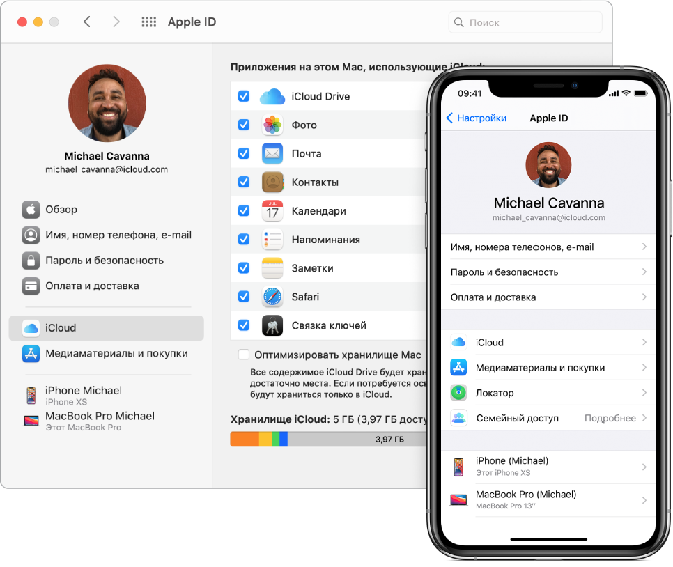Настройки iCloud на iPhone и окно iCloud на Mac.