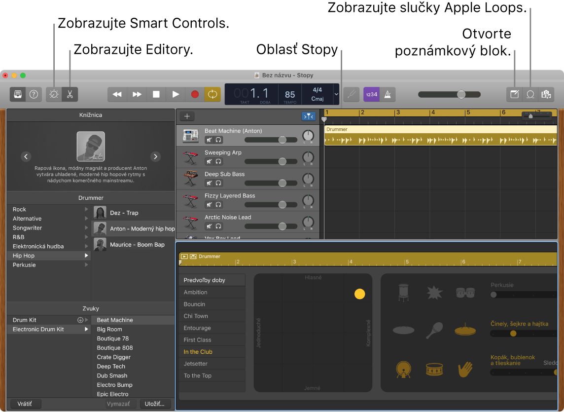 Okno aplikácie GarageBand znázorňujúce tlačidlá na prístup k dynamickému ovládaniu, editorom, poznámkam a súborom Apple Loops. Znázornené je tiež zobrazenie stôp.