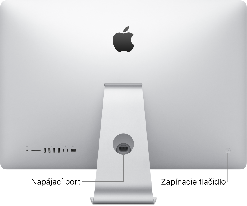 Pohľad na zadnú stranu iMacu s napájacím káblom a zapínacím tlačidlom.