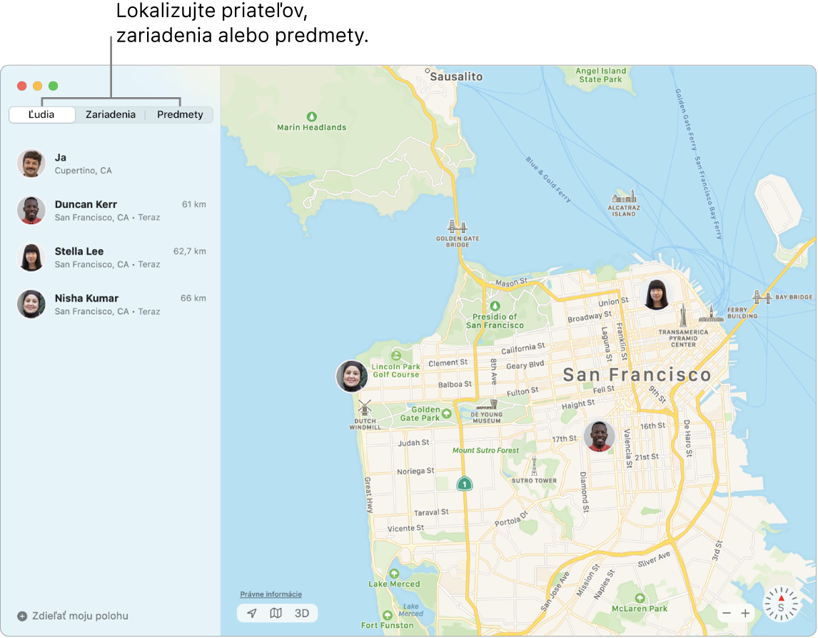 Naľavo je vybraný tab Priatelia a napravo je mapa San Francisca s polohou troch priateľov.