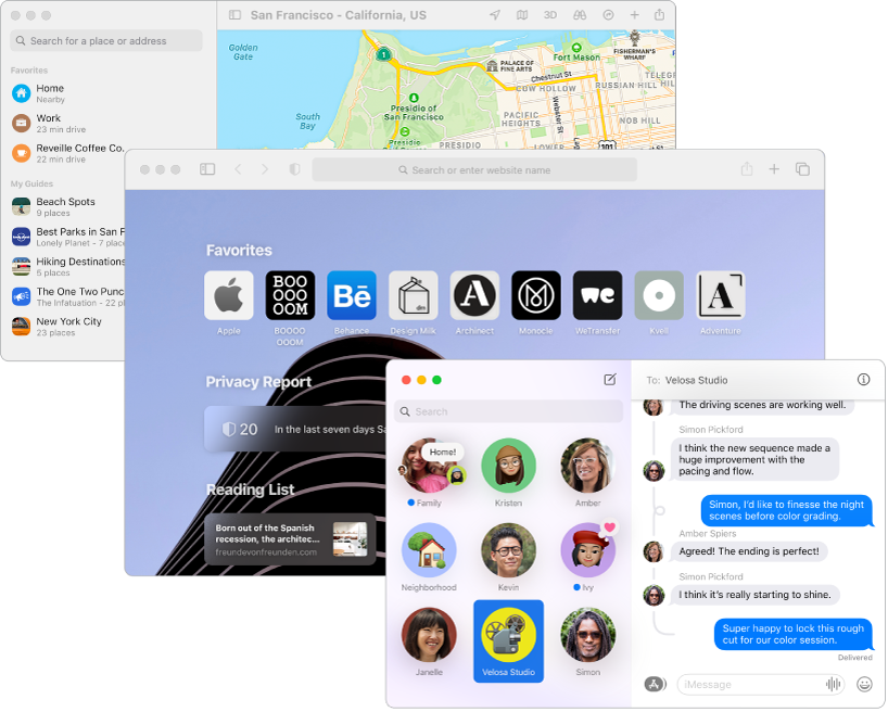 Prekrivajoči se zasloni aplikacij Maps, Safari in Messages.