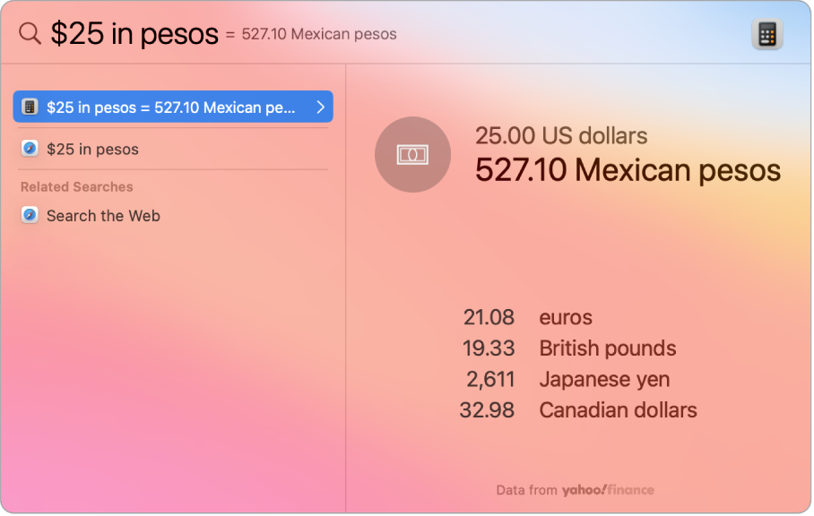 Posnetek zaslona s prikazom pretvorbe ameriških dolarjev v mehiške pesose. Zgornji rezultat prikazuje pretvorbo skupaj z več drugimi rezultati, ki jih lahko izberete.