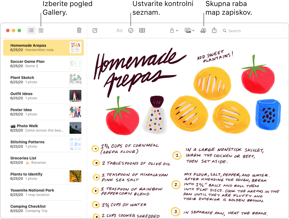 Okno aplikacije Notes v pogledu Gallery z oblački, v katerih so gumbi Gallery View, Checklist in Share Folder.