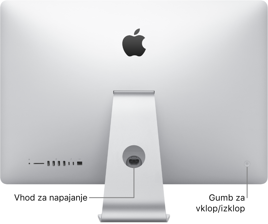 Pogled na računalnik iMac od zadaj s prikazom napajalnega kabla in gumba za vklop/izklop.