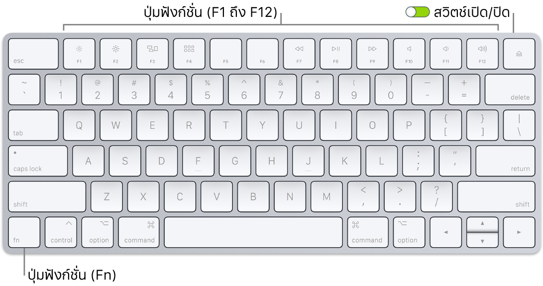 Magic Keyboard ที่แสดงปุ่ม Function (Fn) ที่มุมซ้ายล่าง และสวิตช์เปิด/ปิดเครื่องที่มุมขวาบนของแป้นพิมพ์