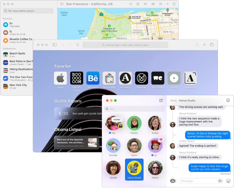 Harita, Safari ve Mesajlar uygulamalarının çakışan ekranları.