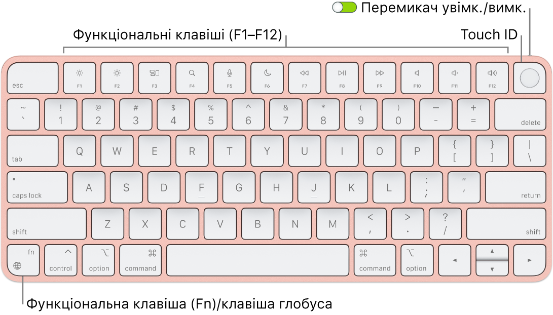 Клавіатура Magic Keyboard із Touch ID, ряд функціональних клавіш і Touch ID вгорі, а також функціональна клавіша (Fn)/клавіша глобуса в нижньому лівому куті.