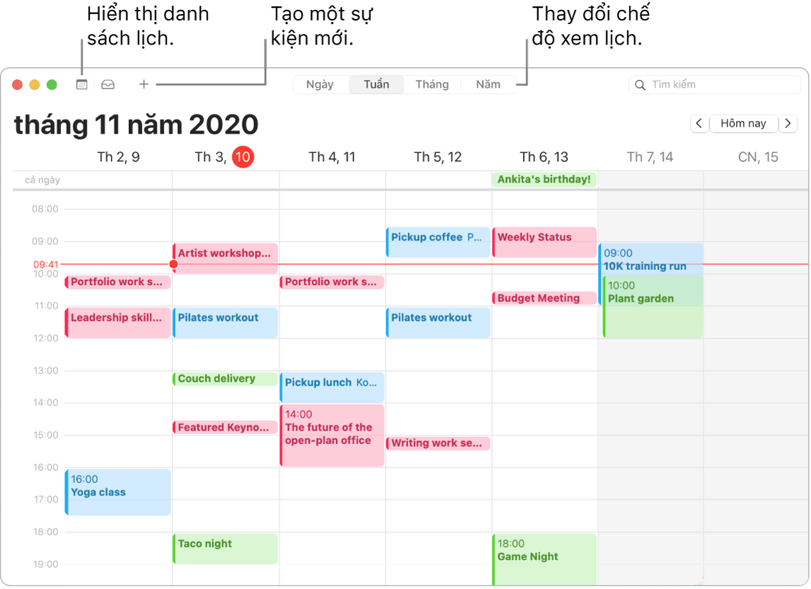 Một cửa sổ Lịch đang minh họa cách tạo một sự kiện, hiển thị danh sách lịch và chọn chế độ xem Ngày, Tuần, Tháng hoặc Năm.