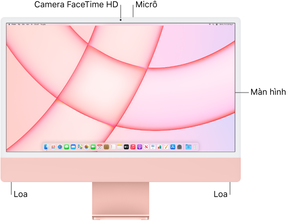 Hình ảnh mặt trước của iMac, đang hiển thị màn hình, camera, micrô và loa.