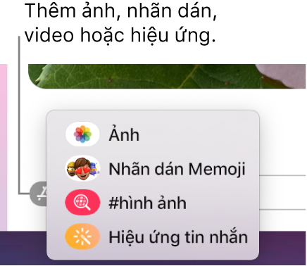 Menu Ứng dụng với các tùy chọn để hiển thị ảnh, nhãn dán Memoji, GIF và hiệu ứng tin nhắn.