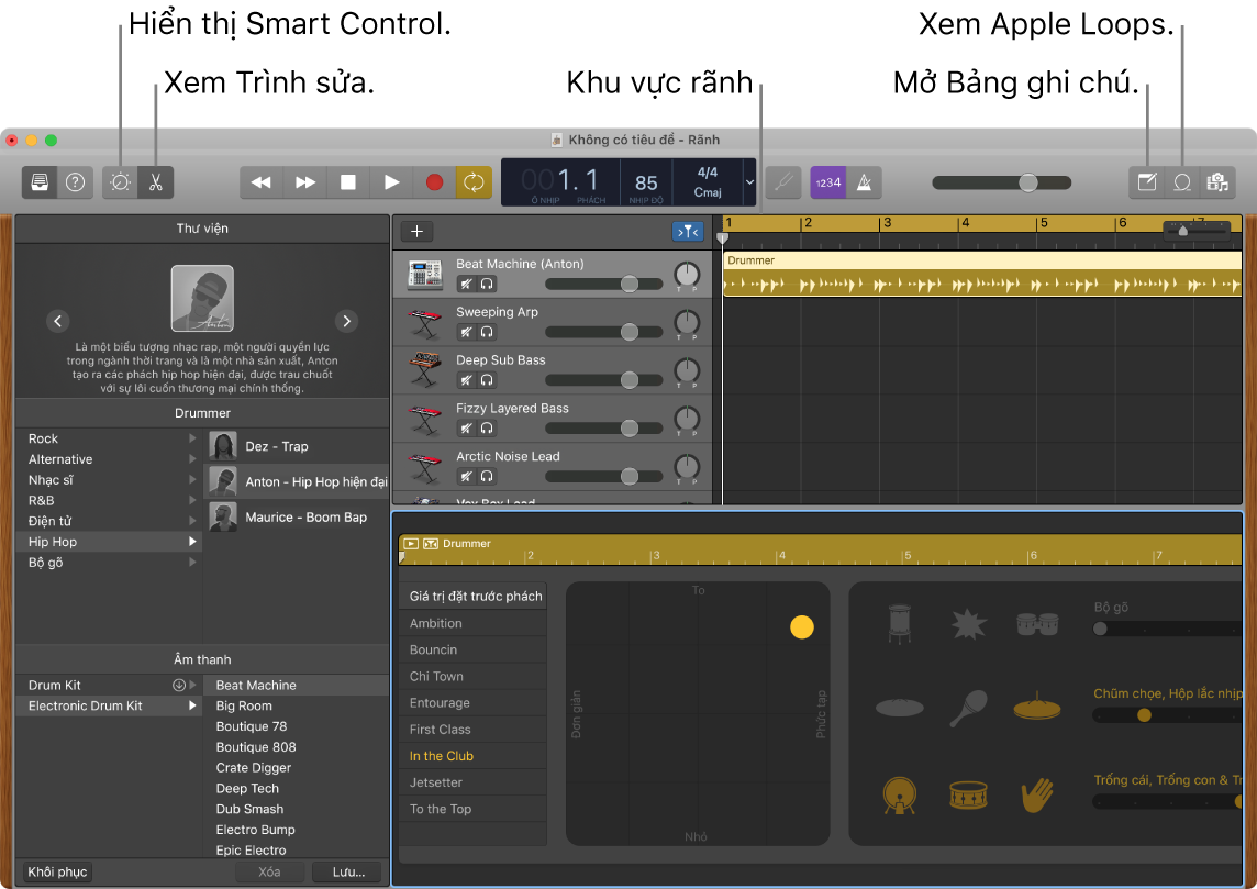 Một cửa sổ GarageBand đang hiển thị các nút để truy cập Smart Control, Trình sửa, Ghi chú và Apple Loops. Đồng thời, màn hình rãnh cũng được hiển thị.