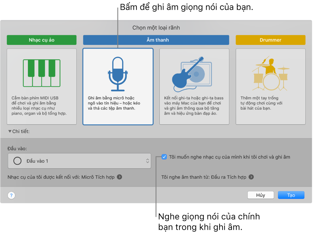 Khung nhạc cụ GarageBand đang hiển thị nơi cần bấm để ghi âm giọng hát và cách nghe chính bạn trong khi ghi âm.