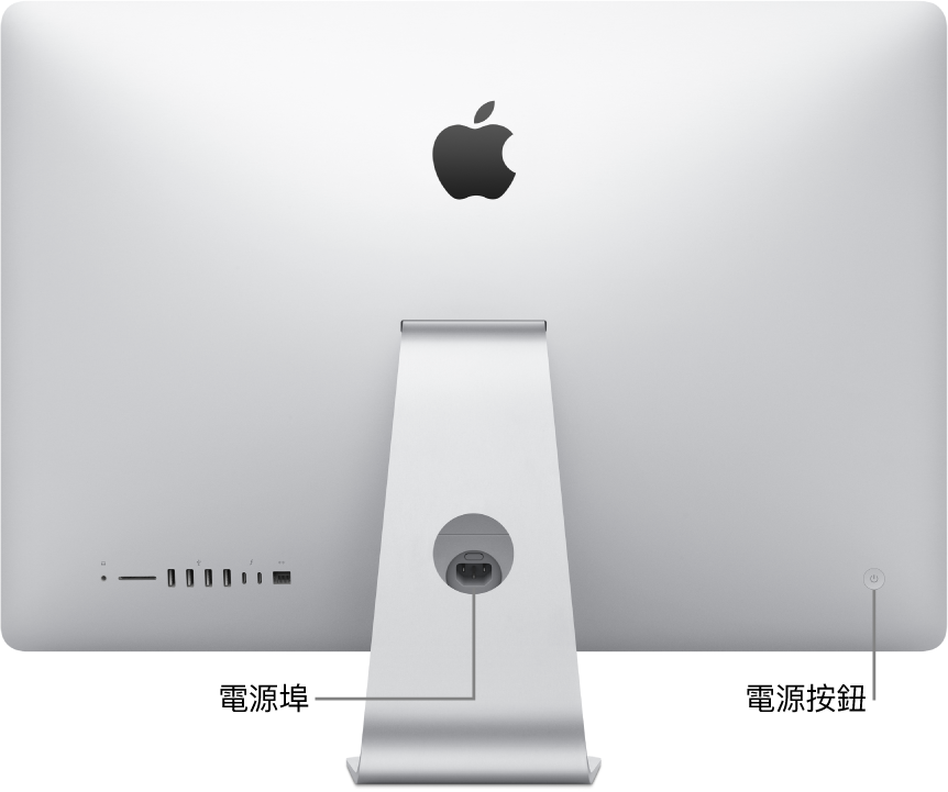 iMac 的背面，顯示電源線和電源按鈕。