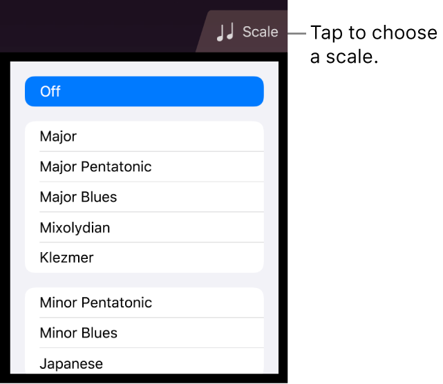 Strings Scale button and scale list