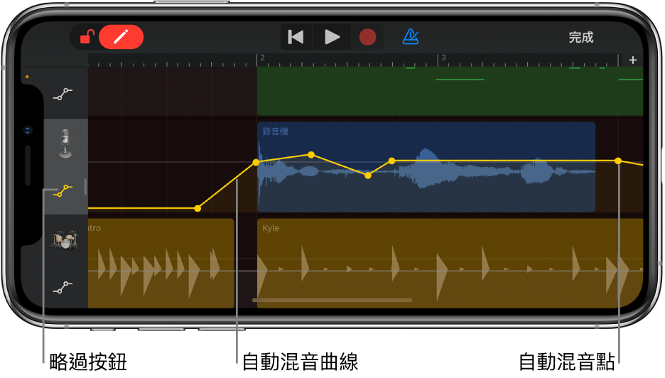 圖表。音軌自動混音，顯示自動混音曲線、自動混音點和「略過」按鈕。