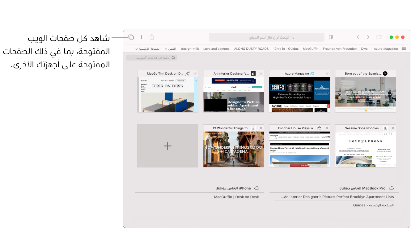 شريط الأدوات ويظهر فيه زر "إظهار العرض العام لعلامات التبويب".