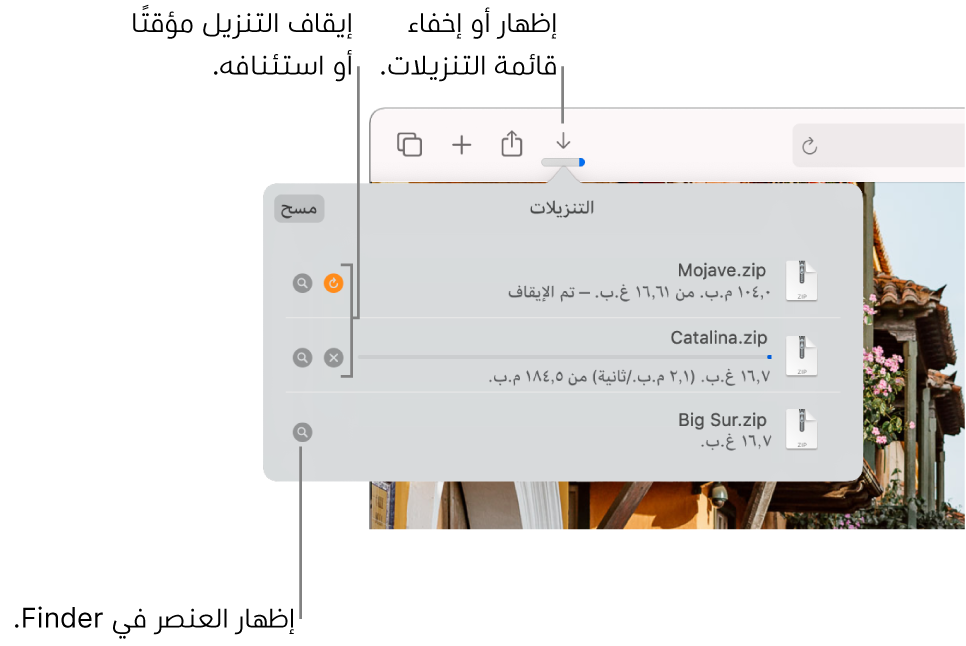 زر التنزيلات في شريط الأدوات، مع قائمة التنزيلات أسفل منه.