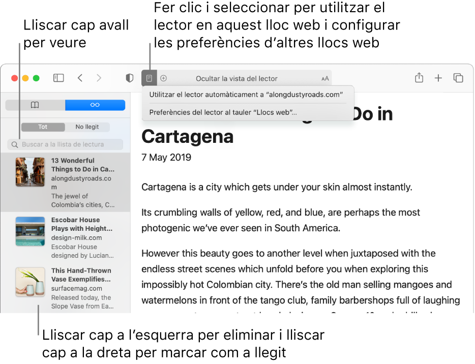 Una finestra del Safari que mostra una llista de lectura.