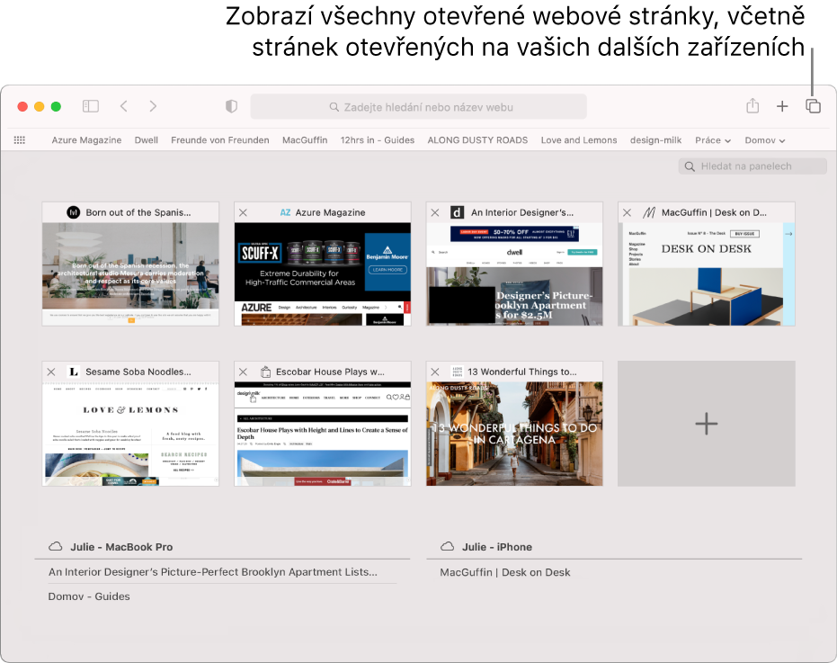 Panel nástrojů s tlačítkem Zobrazit přehled panelů