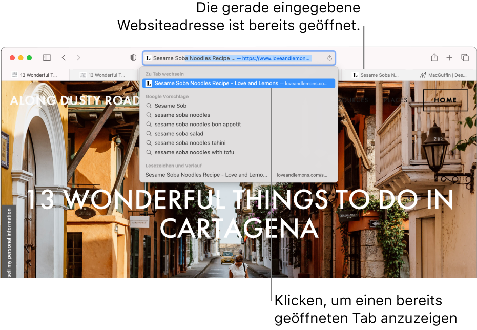 Begrenzen oder Duplizieren eines WebsiteTabs in Safari