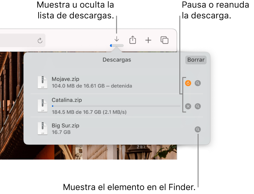 El botón Descargas en la barra de herramientas, con la lista de descargas abajo.